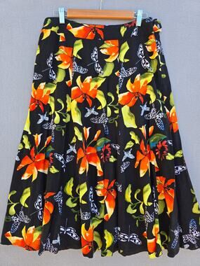 Soft Surroundings Black and Orange Floral Butterfly Skirt Medium